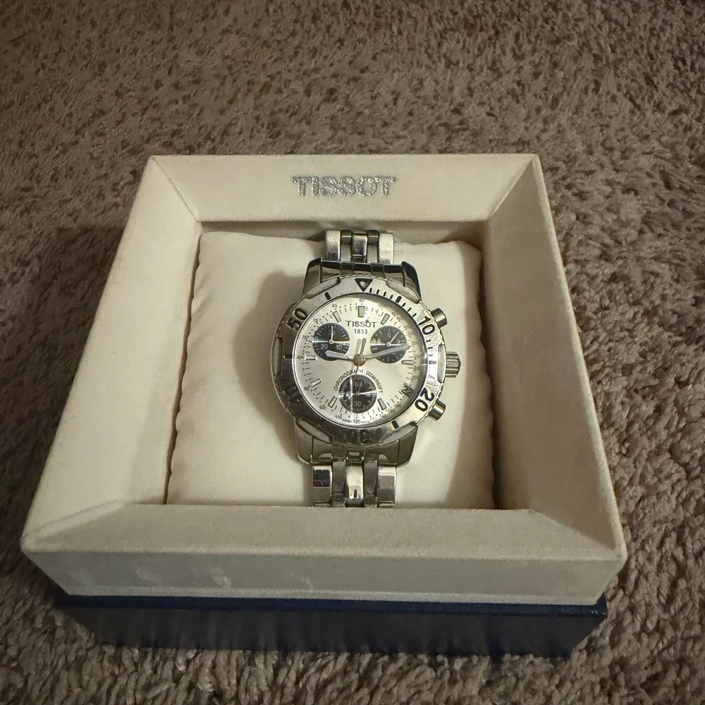 Tissot Silver Watch with White Dial and Dark Blue Subdials - Picture 3 of 8
